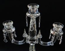 MODERN CUT GLASS THREE-LIGHT CANDELABRUM, faceted drops, 60.5cms h