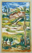 CIRCLE OF PINCHUS KREMEGNE (Russian, 1890-1981) oil on canvas, sketch of a landscape with cottages