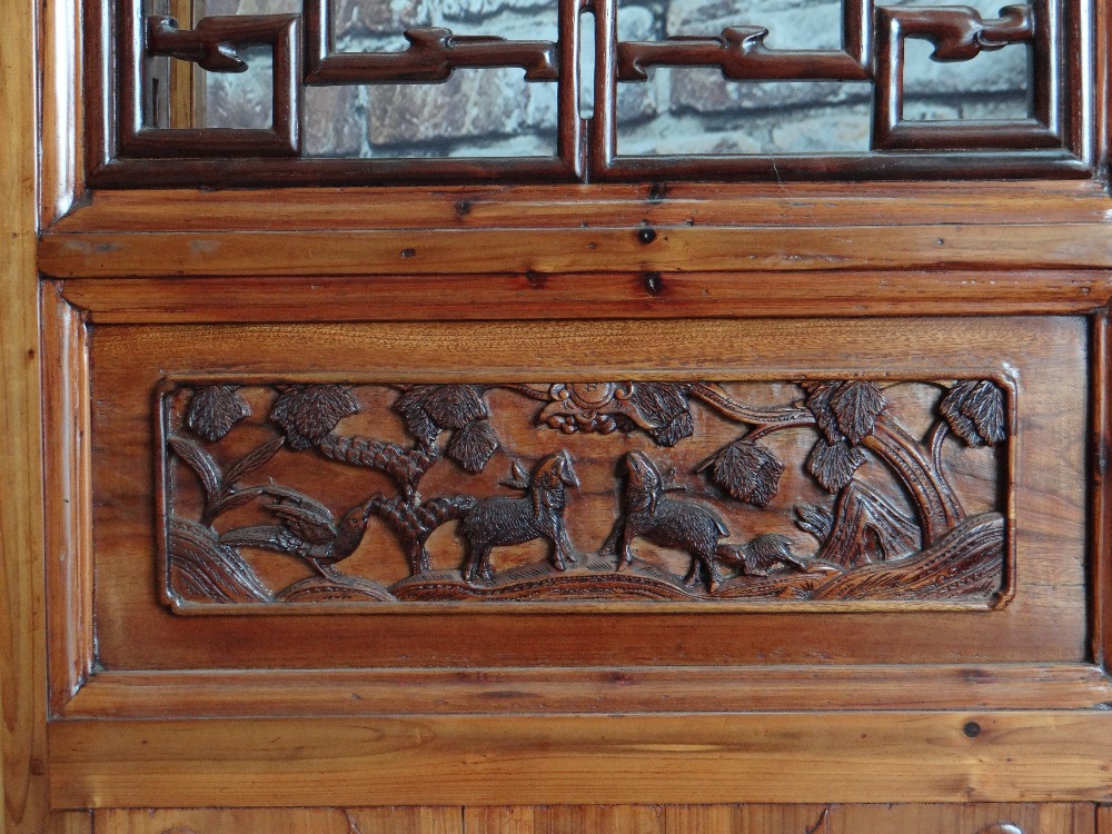 TALL CHINESE CARVED ELM SIX-LEAF SCREEN, reticulated top and centre panels decorated with bats, cash - Image 8 of 12