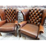 PAIR MODERN GEORGIAN STYLE LEATHER WINGBACK ARMCHAIRS, button upholstered brown leather, close