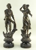 PAIR FRENCH PATINATED SPELTER FIGURES, of fisherman and cockle woman, on ebonised plinths, 38cms