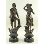 PAIR FRENCH PATINATED SPELTER FIGURES, of fisherman and cockle woman, on ebonised plinths, 38cms