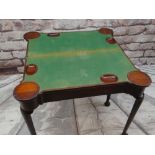 A GEORGE III-STYLE MAHOGANY FOLD-OVAL CARD TABLE, inlaid baize playing surface with dished