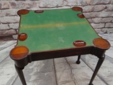 A GEORGE III-STYLE MAHOGANY FOLD-OVAL CARD TABLE, inlaid baize playing surface with dished