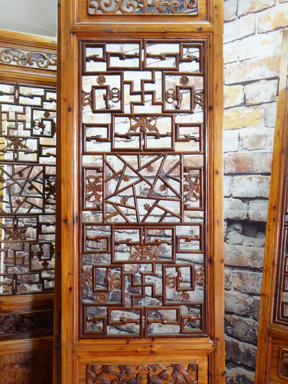 TALL CHINESE CARVED ELM SIX-LEAF SCREEN, reticulated top and centre panels decorated with bats, cash - Image 10 of 12