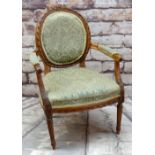 LOUIS XIV-STYLE CARVED BEECHWOOD FAUTEUIL, upholstered seat back and arms, fluted legs Condition: