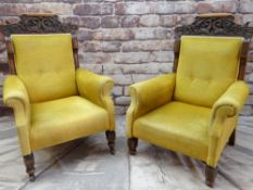 PAIR OF VICTORIAN CARVED MAHOGANY ARMCHAIRS, the cresting rails with Renaissance style carved