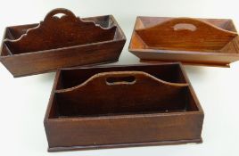 THREE ANTIQUE TWO DIVISION KNIFE BOXES, each with central divide with pierced handle, largest 38.