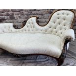 GOOD VICTORIAN CARVED WALNUT CHAIR BACK CHAISE LONGUE, with buttoned ivory damask upholstered