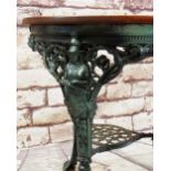 MODERN VICTORIAN-STYLE METAL & STAINED WOOD PUB TABLE, legs pierced and cast with Britannia, llion's