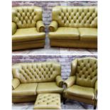 VICTORIAN-STYLE LEATHER SOFA SUITE, button upholstered mustard leather with scroll arms, loose