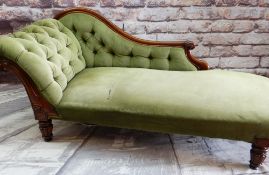 VICTORIAN WALNUT CHAISE LONGUE with button upholstered scrolled back and sides, tablet carved