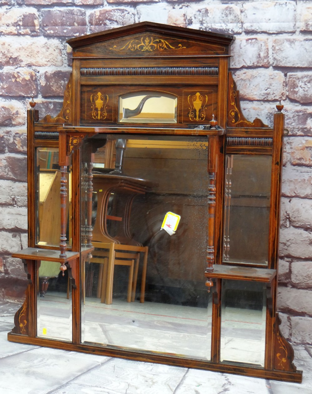 EDWARDIAN ROSEWOOD MARQUETRY ARCHITECTURAL MIRROR, with multiple bevelled plates, turned uprights