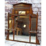 EDWARDIAN ROSEWOOD MARQUETRY ARCHITECTURAL MIRROR, with multiple bevelled plates, turned uprights