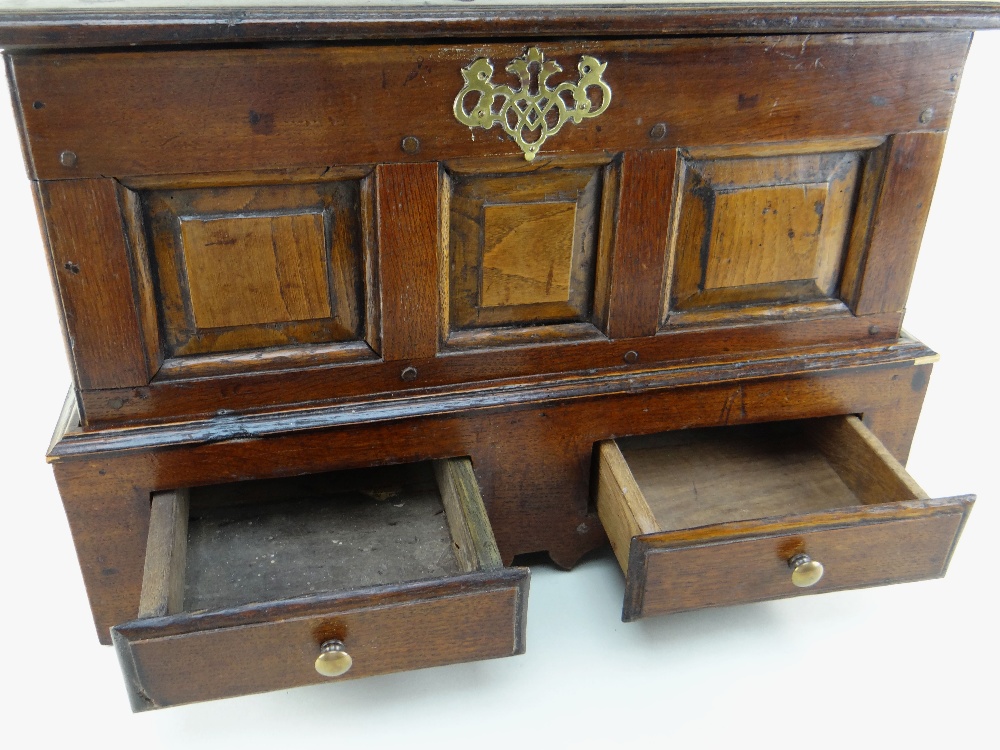 ANTIQUE OAK COFFER BACH, moulded hinged top above triple panelled front, a pierced brass - Image 7 of 7