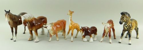 GROUP OF BESWICK & OTHER ANIMALS, including giraffe calf, Hereford cow, Hereford calf, zebra foal,