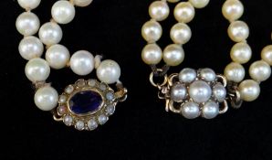 9CT GOLD AMETHYST & PEARL NECKLACE together with two row pearl necklace with 9ct gold clasp (2)