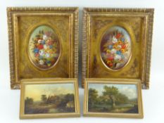 TWO PAIRS OF SMALL DECORATIVE PAINTINGS, comprising two landscapes with cottages indistinctly