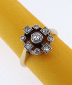 YELLOW METAL DIAMOND RING of circular form and Art Deco design, ring size I, 3.4gms