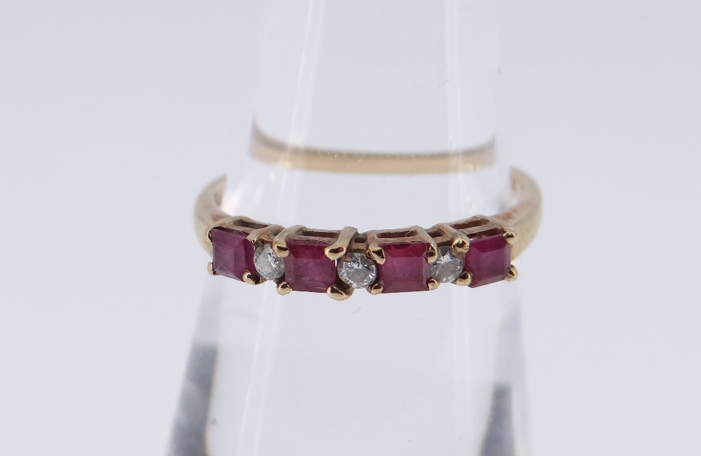 9CT GOLD RUBY & DIAMOND SEVEN STONE RING, ring size M, 1.3gms, in square blue ring box Condition: - Image 2 of 3