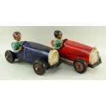TWO MODERN CERAMIC RACING CAR MODELS, one red, one blue, 30cms long (2)
