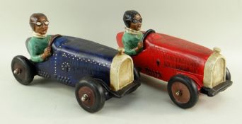 TWO MODERN CERAMIC RACING CAR MODELS, one red, one blue, 30cms long (2)