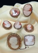 ASSORTED ITALIAN CARVED CAMEO BROOCHES, gilt metal mounted, one simulated cameo (7)