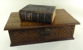 BBC BARGAIN HUNT LOT: 18TH CENTURY BOARDED OAK BIBLE BOX AND VICTORIAN BIBLE,