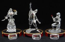 SET OF THREE SWAROVSKI CRYSTAL 'MASQUERADE' FIGURES, including 1999 Pierrot, 2000 Columbine and 2001