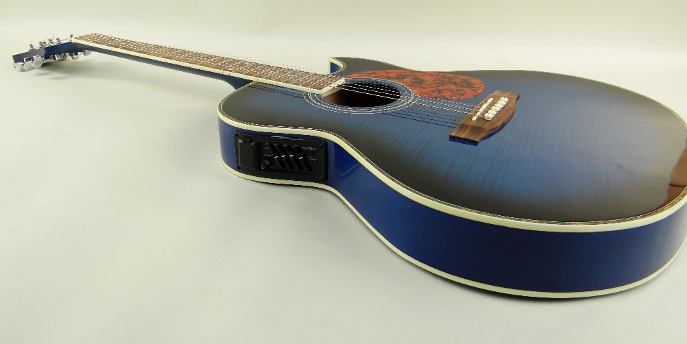 LINDO SLIM ELECTRO-ACOUSTIC GUITAR, blue sunburst finish with simulated mother of pearl border, - Image 2 of 5