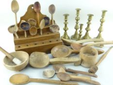 ANTIQUE STYLE OAK SPOON RACK with several cawl spoons, ladles, butter stamps, together with