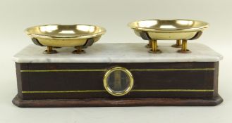 VINTAGE FRENCH SHOP SCALES, with brass dishes, marble top and brass framed viewing window, 36cmS