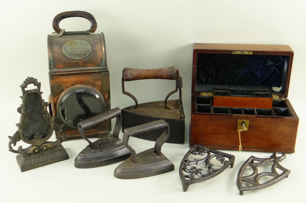 ASSORTED METALWARE & MAHOGANY APOTHECARY BOX including Shand Mason & Co copper lantern, three iron