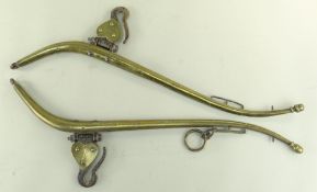 BBC BARGAIN HUNT LOT: PAIR OF BRASS HORSE HAMES, acorn finials, wrought iron hooks, stamped patent