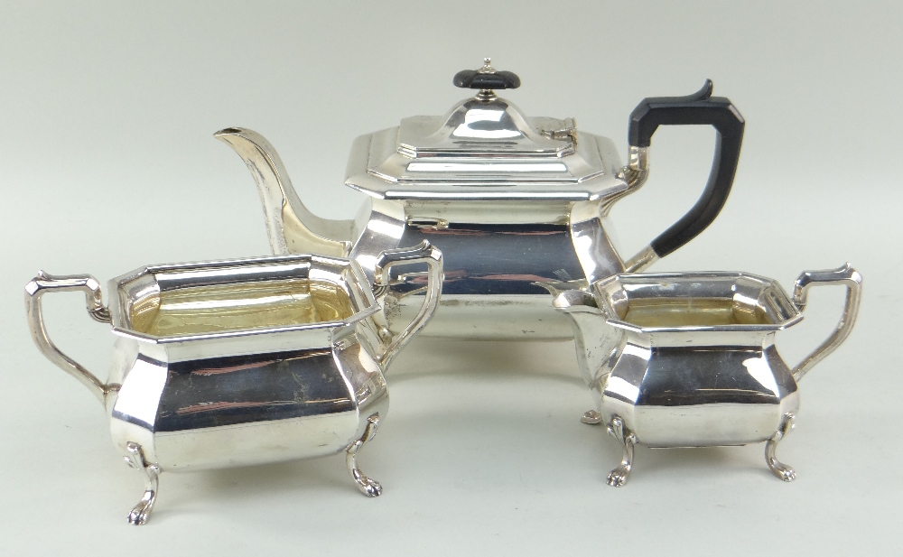 GEORGE V SILVER THREE-PIECE TEA SET, Sheffield 1926 by Cooper Bros & Sons, of canted rectangular
