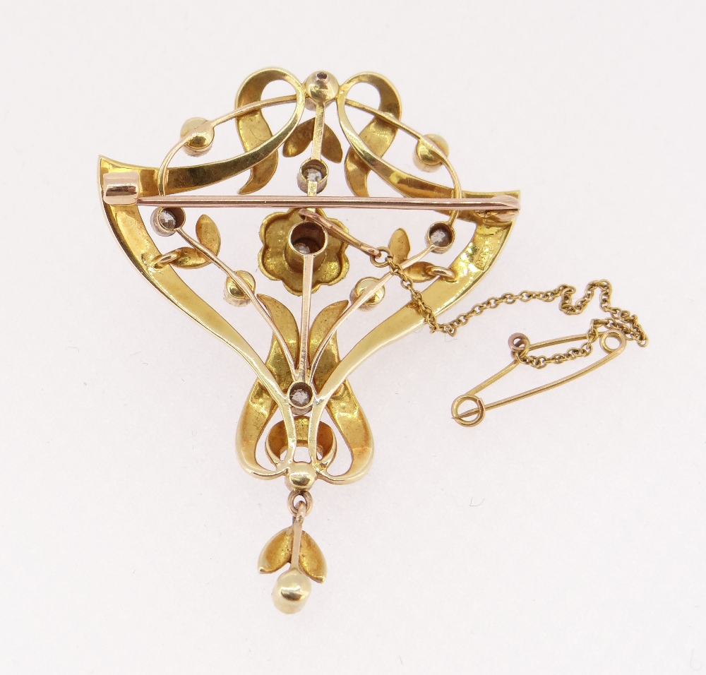 15CT GOLD DIAMOND & SEED PEARL BAR BROOCH, of leaf and floral design, 7.1gms - Image 3 of 3