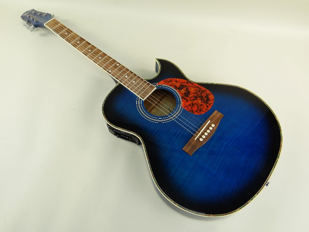 LINDO SLIM ELECTRO-ACOUSTIC GUITAR, blue sunburst finish with simulated mother of pearl border,