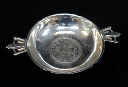 ARTS & CRAFTS SILVER TWO-HANDLED DISH, London 1935 by Robert Edgar Stone, planished lobed circular