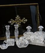 VINTAGE GLASS DRESSING TABLE SET and a 1950's black and gold tea tray. Condition: Glass with some