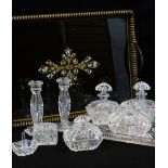 VINTAGE GLASS DRESSING TABLE SET and a 1950's black and gold tea tray. Condition: Glass with some