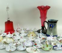 COLLECTION OF VINTAGE CHINA RING TREES AND CRANBERRY GLASS, ring trees mostly Continental porcelain,