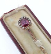 RUBY & DIAMOND STICK PIN in yellow metal setting, in Lewis & Co of Oxford Street London box, 2,