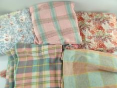 GROUP OF VINTAGE BED COVERINGS, probably Welsh, including three plaid pastel woollen rugs, and two