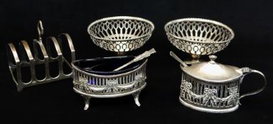 SMALL GROUP OF SILVER, including late Victorian oval mustard and salt with pierced and ribbon swag