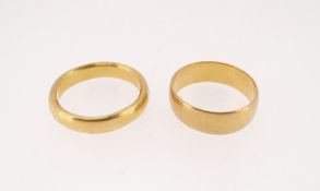 TWO 22CT GOLD WEDDING BANDS, ring sizes K, 10.4gms overall (2)