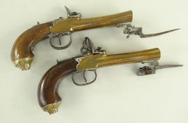 PAIR FRENCH FLINTLOCK BOX-LOCK BLUNDERBUSS PISTOLS, brass barrels flared at the muzzle and action in