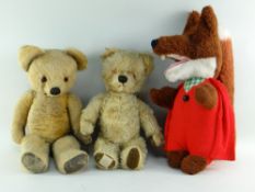 TWO PREWAR CHAD VALLEY TEDDY BEARS & VINTAGE BASIL BRUSH TOY, the teddies in golden plush with