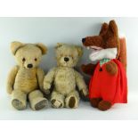 TWO PREWAR CHAD VALLEY TEDDY BEARS & VINTAGE BASIL BRUSH TOY, the teddies in golden plush with