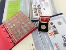 ASSORTED COMMEMORATIVE COINS AND 2 ROYAL MAIL/ROYAL MINT PHILATELIC/NUMISMATIC COVERS ALBUMS,