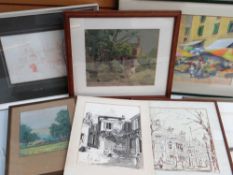 ASSORTED WATERCOLOURS & DRAWINGS, including cartoon of a boy net fishing by G E Shepheard, several